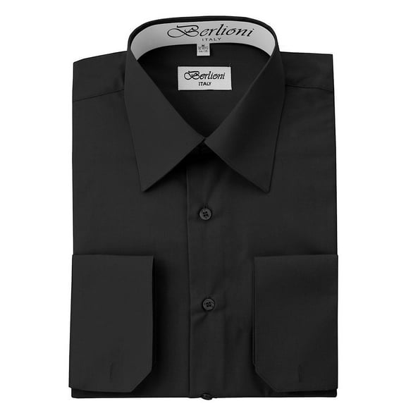 Berlioni Italy Men's Convertible Cuff Solid Dress Shirt Black
