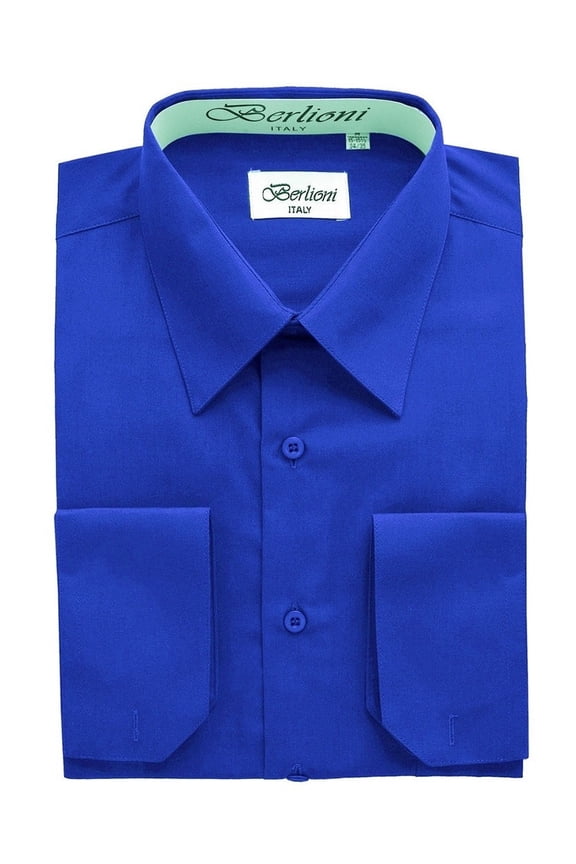 Italy Men's Convertible Cuff Solid Dress Shirt Blue