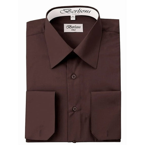 Berlioni Italy Men's Convertible Cuff Solid Dress Shirt Brown