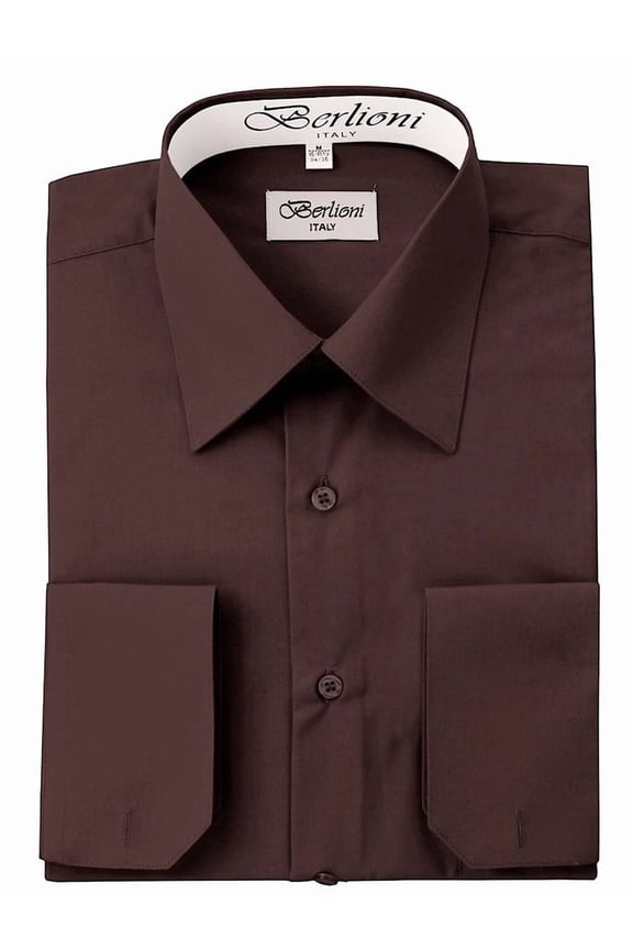 Italy Men's Convertible Cuff Solid Dress Shirt Brown