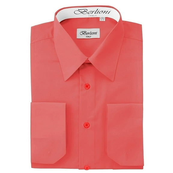 Berlioni Italy Men's Convertible Cuff Solid Dress Shirt Coral