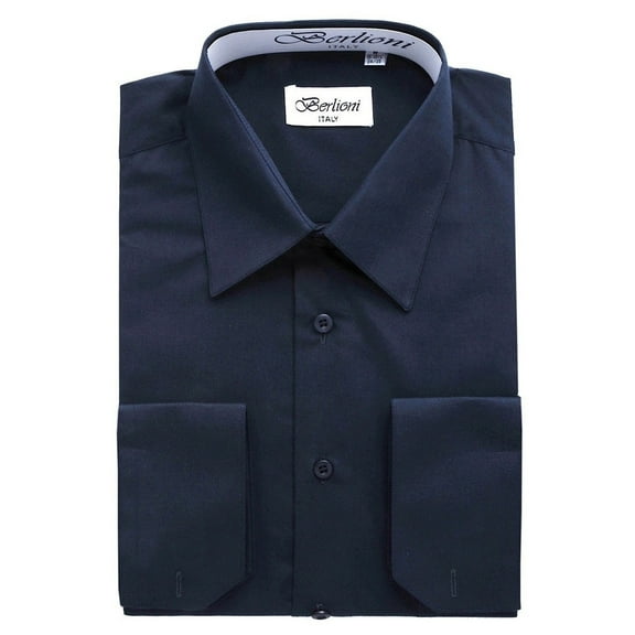 Berlioni Italy Men's Convertible Cuff Solid Dress Shirt Navy