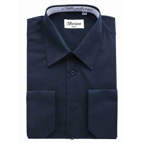Berlioni Italy Men's Convertible Cuff Solid Dress Shirt Navy