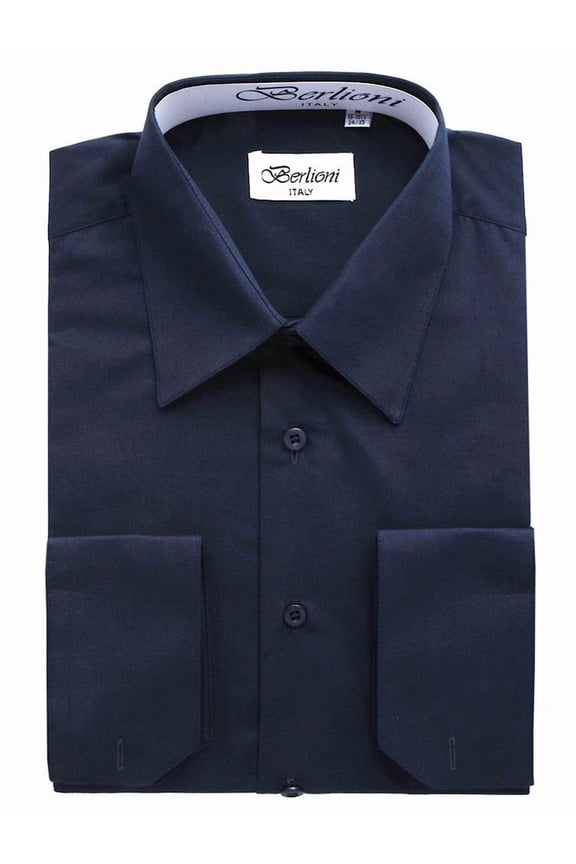 Italy Men's Convertible Cuff Solid Dress Shirt Navy