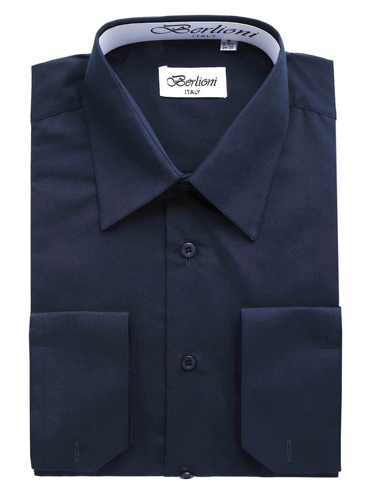 Berlioni Italy Men's Convertible Cuff Solid Dress Shirt Navy - Walmart.com