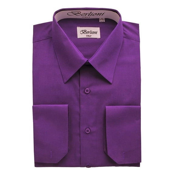Berlioni Italy Men's Convertible Cuff Solid Dress Shirt Purple