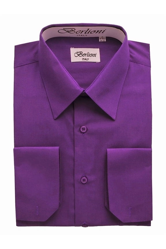 Italy Men's Convertible Cuff Solid Dress Shirt Purple