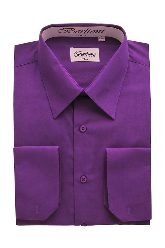 Italy Men's Convertible Cuff Solid Dress Shirt Purple