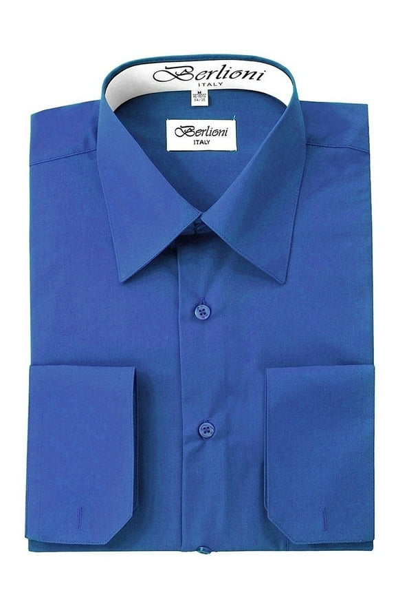 Italy Men's Convertible Cuff Solid Long Sleeve Dress Shirt Blue