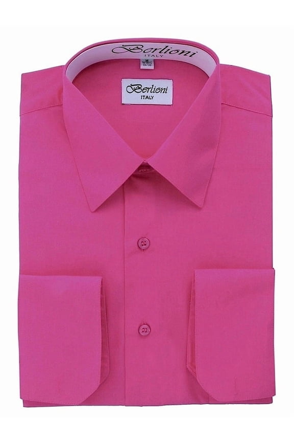Italy Men's Convertible Cuff Solid Long Sleeve Dress Shirt Fuchsia