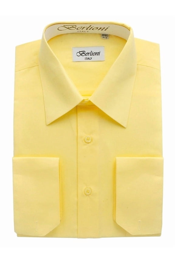 Italy Men's Convertible Cuff Solid Long Sleeve Dress Shirt Lemon