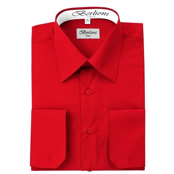 Berlioni Italy Men's Convertible Cuff Solid Long Sleeve Dress Shirt Red