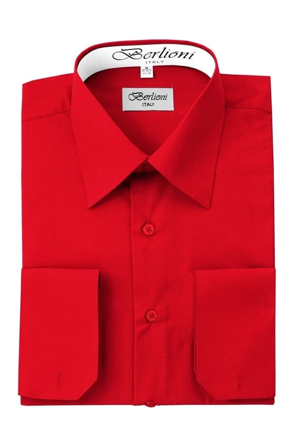 Italy Men's Convertible Cuff Solid Long Sleeve Dress Shirt Red