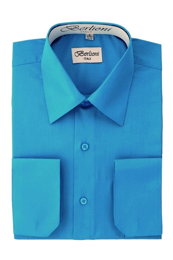 Italy Men's Convertible Cuff Solid Long Sleeve Dress Shirt Turquoise