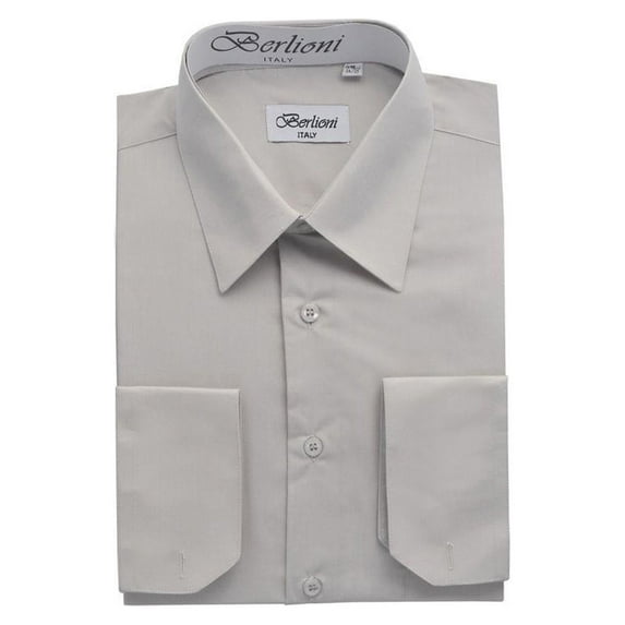 Berlioni Italy Men's Premium Classic French Convertible Cuff Long Sleeve Dress Shirt Silver Small 32/33