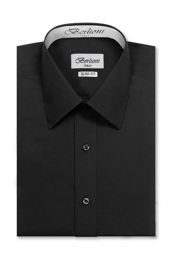 Italy Men's Slim-Fit Premium French Convertible Cuff Solid Dress Shirt (Black,L (16-16½) sleeve: 32/33)