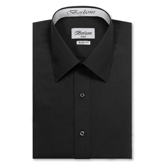 Berlioni Italy Men's Slim-Fit Premium French Convertible Cuff Solid Dress Shirt (Black,M (15-15½) sleeve: 34/35)
