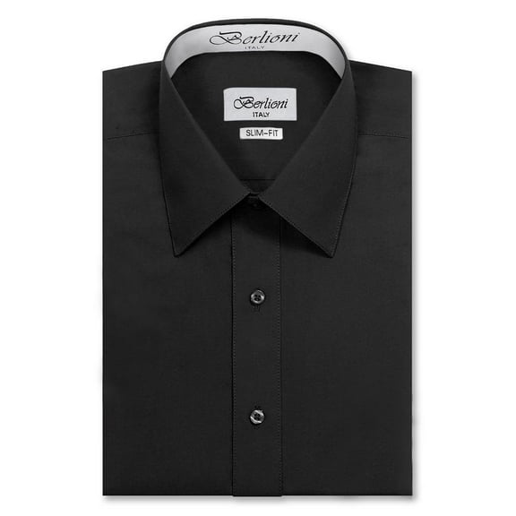 Berlioni Italy Men's Slim-Fit Premium French Convertible Cuff Solid Dress Shirt (Black,S (14-14½) sleeve: 32/33)