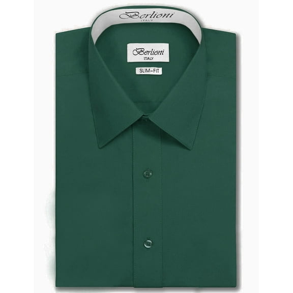Berlioni Italy Men's Slim-Fit Premium French Convertible Cuff Solid Dress Shirt (Hunter,S (14-14½) sleeve: 32/33)