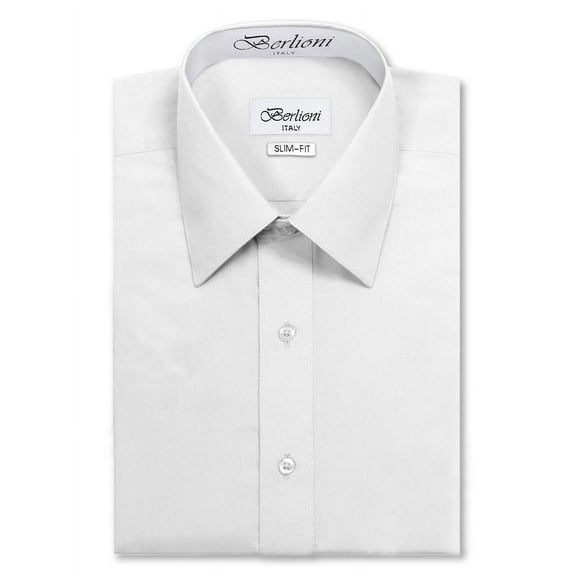 Berlioni Italy Men's Slim-Fit Premium French Convertible Cuff Solid Dress Shirt (L (16-16½) sleeve: 34/35,White)