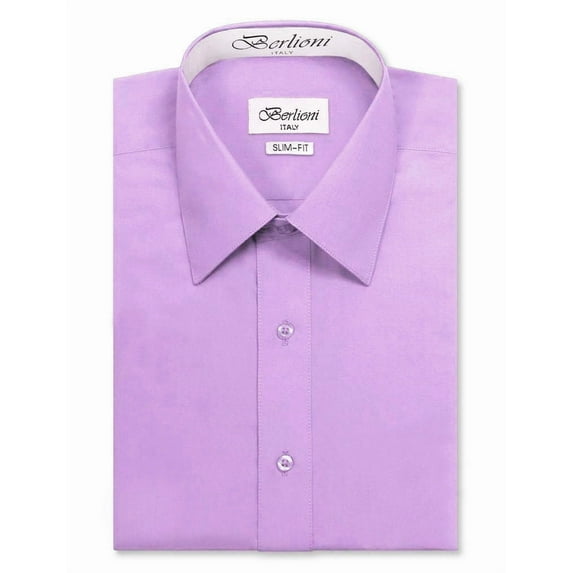 Berlioni Italy Men's Slim-Fit Premium French Convertible Cuff Solid Dress Shirt (Lilac, L (16-16½) sleeve: 32/33)