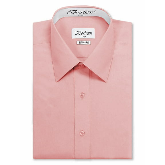 Berlioni Italy Men's Slim-Fit Premium French Convertible Cuff Solid Dress Shirt (New Pink,S (14-14½) sleeve: 32/33)