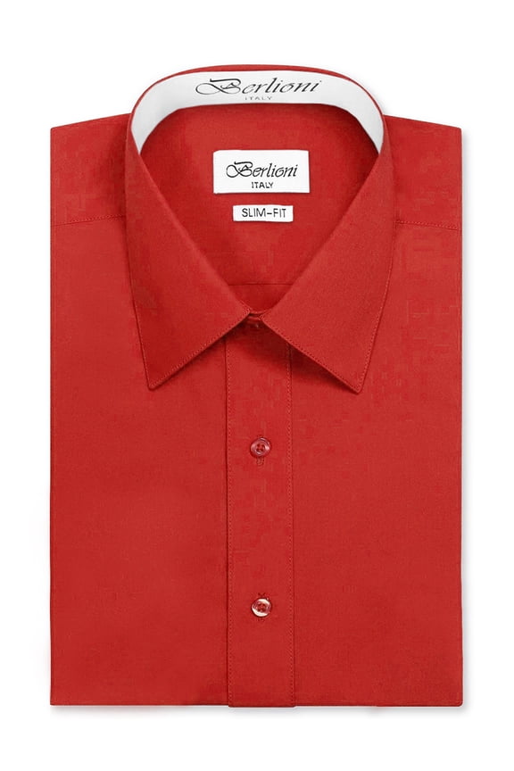 Italy Men's Slim-Fit Premium French Convertible Cuff Solid Dress Shirt (Red, L (16-16½) sleeve: 34/35)