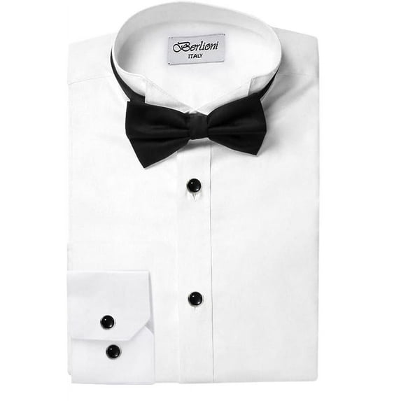Berlioni Italy Men's Tuxedo Dress Shirt with Bow-Tie (Wing-Tip Plain 136, S (14-14½) sleeve: 32/33)