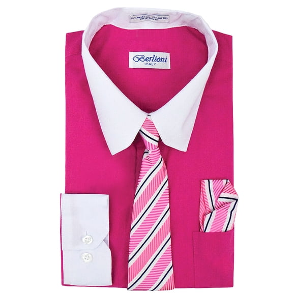 Berlioni Italy Toddlers Kids Boys Long Sleeve Dress Shirt Set With Tie & Hanky (Fuchsia/White 20)