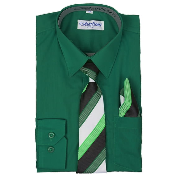 Berlioni Italy Toddlers Kids Boys Long Sleeve Dress Shirt Set With Tie & Hanky (Hunter Green, 6)
