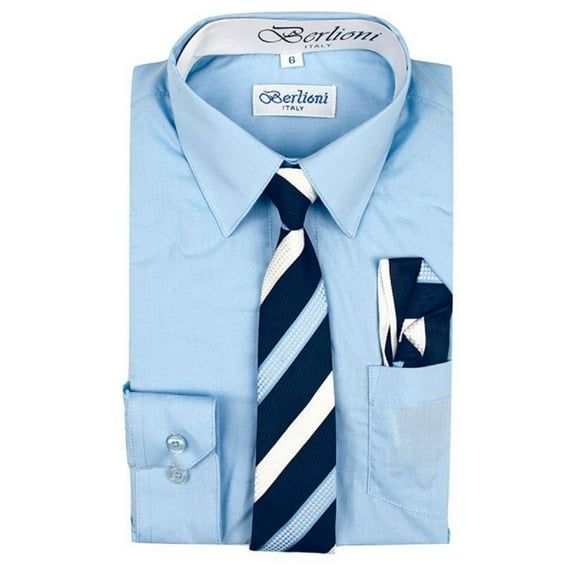 Berlioni Italy Toddlers Kids Boys Long Sleeve Dress Shirt Set With Tie & Hanky Light Blue 14