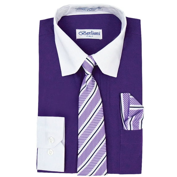 Berlioni Italy Toddlers Kids Boys Long Sleeve Dress Shirt Set With Tie & Hanky (Purple/White, 4)