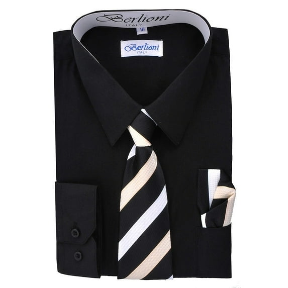 Berlioni Kids Boys Long Sleeve Dress Shirt With Tie and Hanky Black