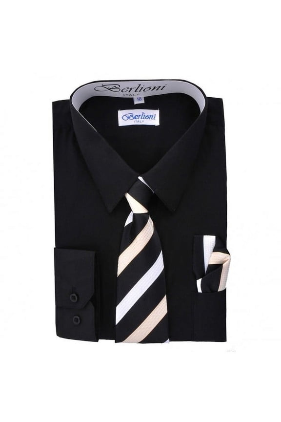 Kids Boys Long Sleeve Dress Shirt With Tie and Hanky Black