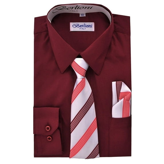 Berlioni Kids Boys Long Sleeve Dress Shirt With Tie and Hanky Burgundy