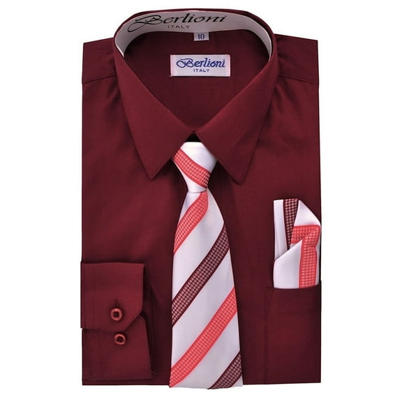 Berlioni Kids Boys Long Sleeve Dress Shirt With Tie and Hanky  Burgundy