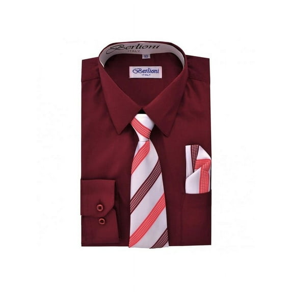 Berlioni Kids Boys Long Sleeve Dress Shirt With Tie and Hanky Burgundy