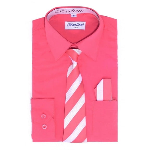Berlioni Kids Boys Long Sleeve Dress Shirt With Tie and Hanky Coral