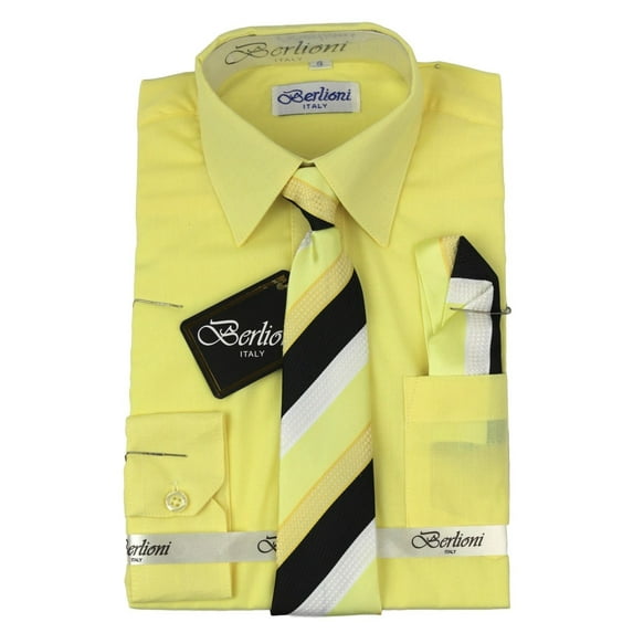 Berlioni Kids Boys Long Sleeve Dress Shirt With Tie and Hanky Lemon