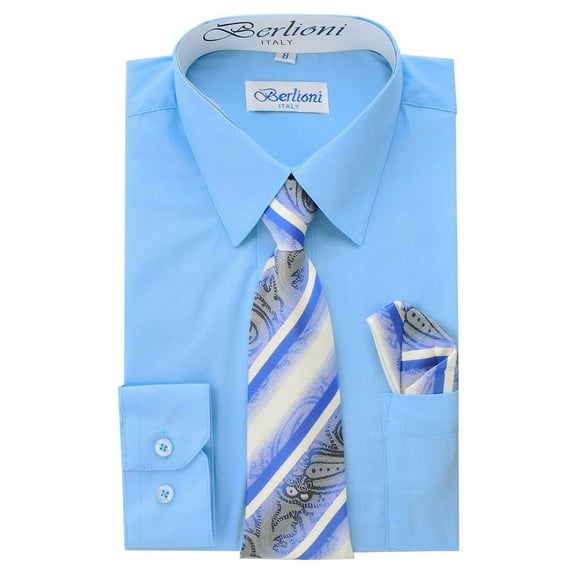 Berlioni Kids Boys Long Sleeve Dress Shirt With Tie and Hanky Light Blue