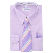 Berlioni Kids Boys Long Sleeve Dress Shirt With Tie and Hanky Lilac