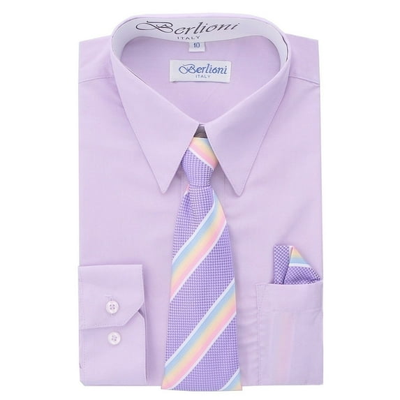 Berlioni Kids Boys Long Sleeve Dress Shirt With Tie and Hanky Lilac