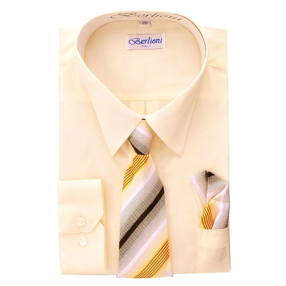Berlioni Kids Boys Long Sleeve Dress Shirt With Tie and Hanky Off White