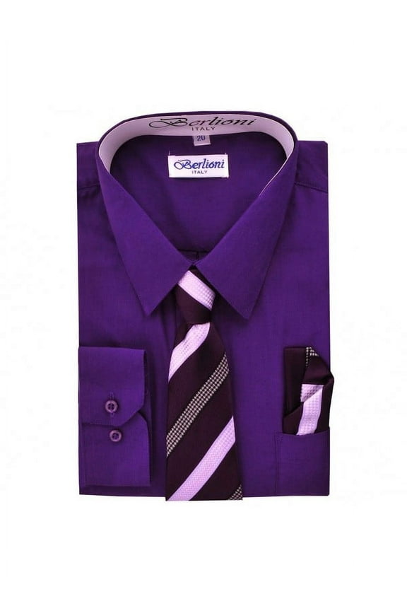 Kids Boys Long Sleeve Dress Shirt With Tie and Hanky Purple