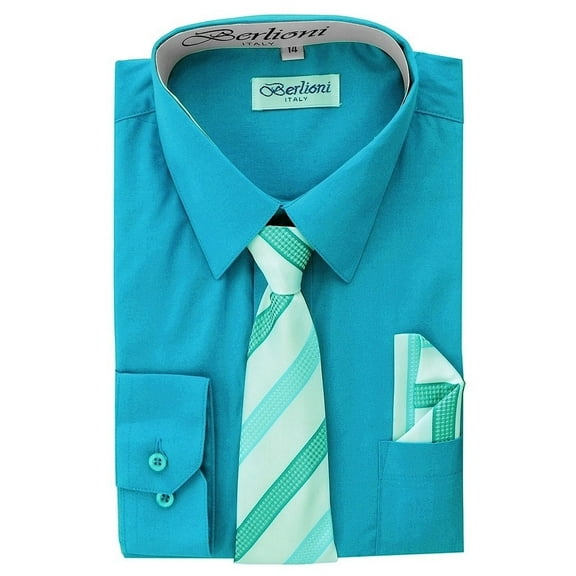 Berlioni Kids Boys Long Sleeve Dress Shirt With Tie and Hanky  Turquoise