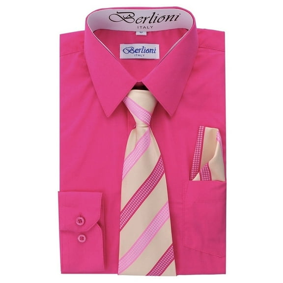 Berlioni Kids Boys Slim Fit Long Sleeve Dress Shirt With Tie & Hanky Fuchsia