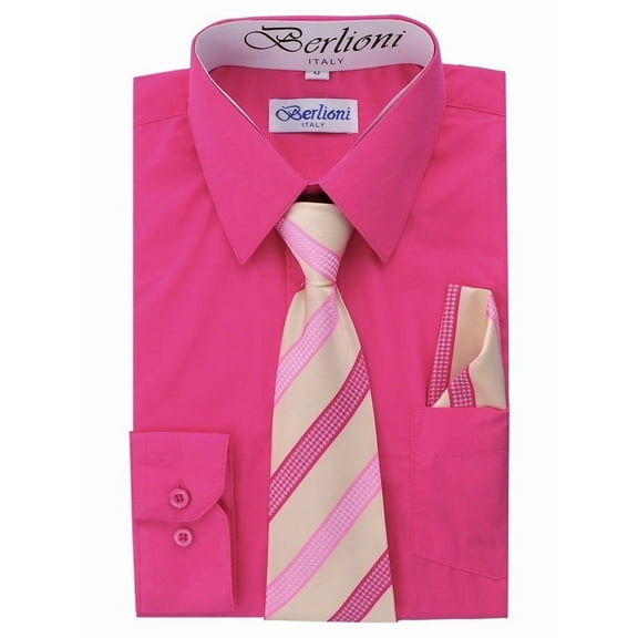 Berlioni Kids Boys Slim Fit Long Sleeve Dress Shirt With Tie & Hanky Fuchsia