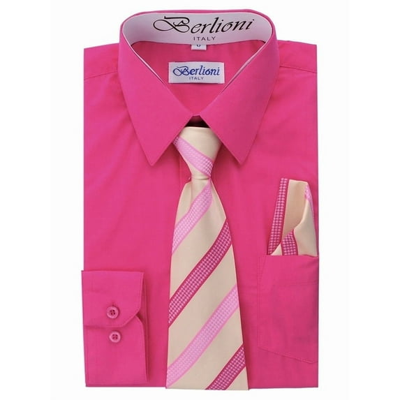 Berlioni Kids Boys Slim Fit Long Sleeve Dress Shirt With Tie & Hanky Fuchsia