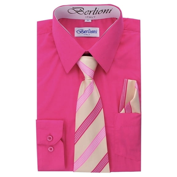 Berlioni Kids Boys Slim Fit Long Sleeve Dress Shirt With Tie & Hanky Fuchsia