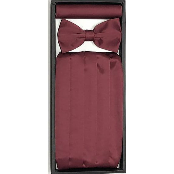 Berlioni Men's Formal Cummerbund Bowtie Hanky Set Tuxedo Accessories Weddings Prom Wear 4-Pleat Soft Satin Finish Burgundy